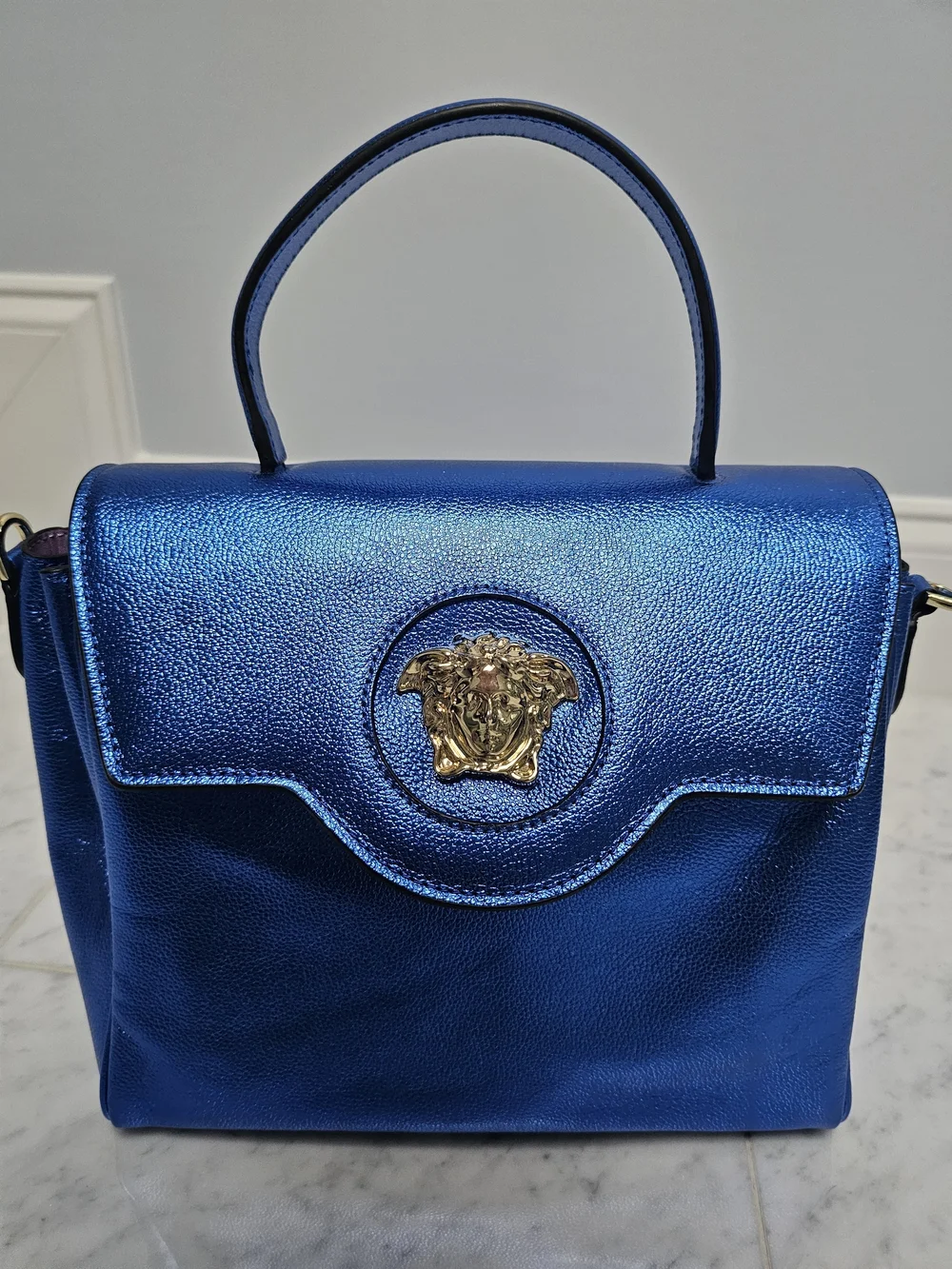 Metallic Blue Top-Handle Satchel with Gold Chain Accent - Picture 10 of 13